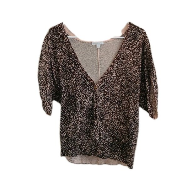 New York & Company  Womens M Leopard Animal Print Buttoned Cardigan Blouse Y2K - Picture 1 of 6